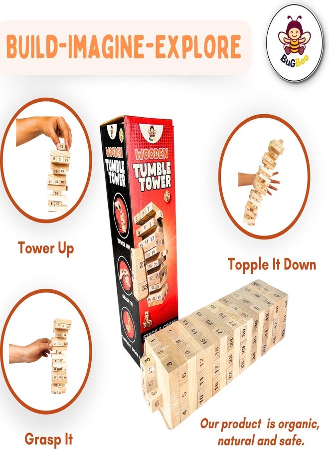 BuGBee Wooden Tumble Tower Game for Kids & Adults | 54 Stacking Blocks with 4 Dice | Classic Tumbling Tower for Parties & Learning Activities | Indoor Skill-Building Game Age 6+ - Image 2